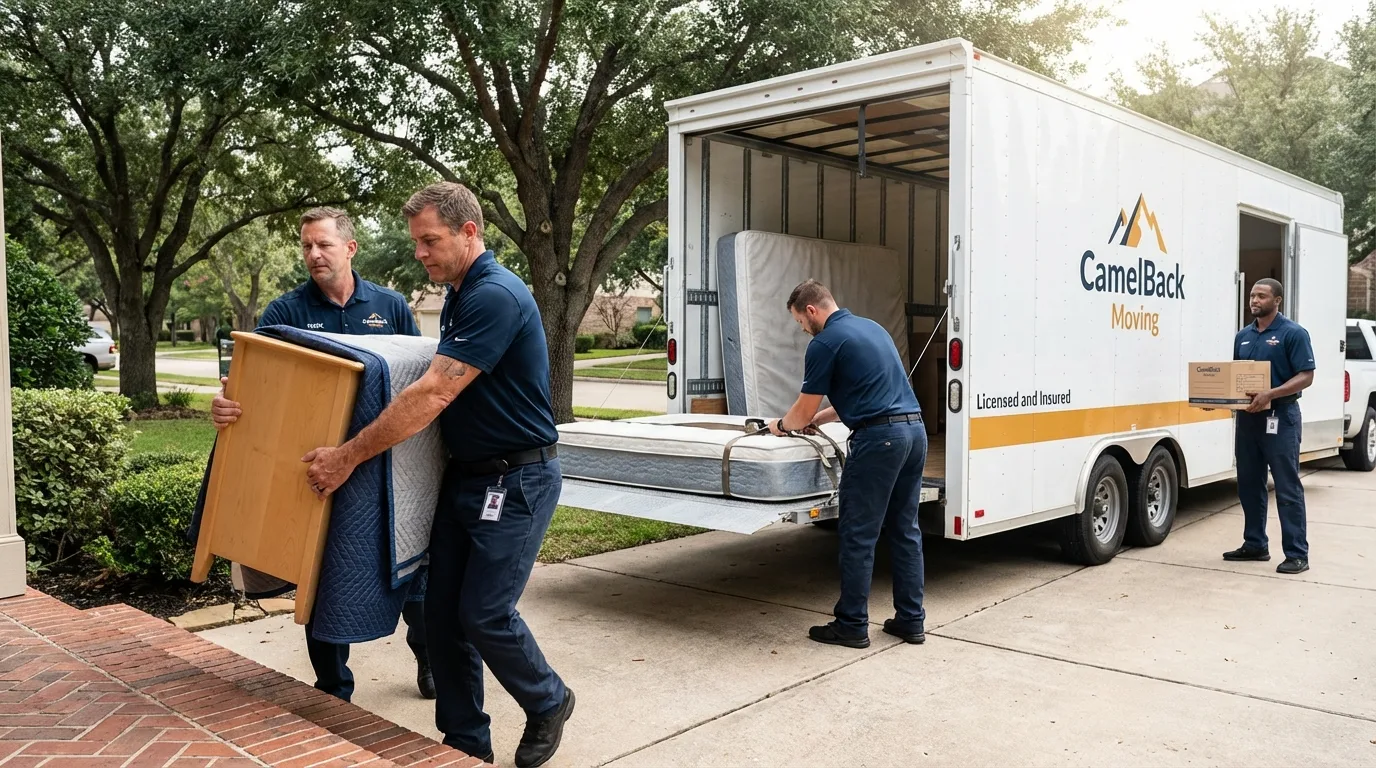 Crew loading residential truck for cross-state move from Portland, TX