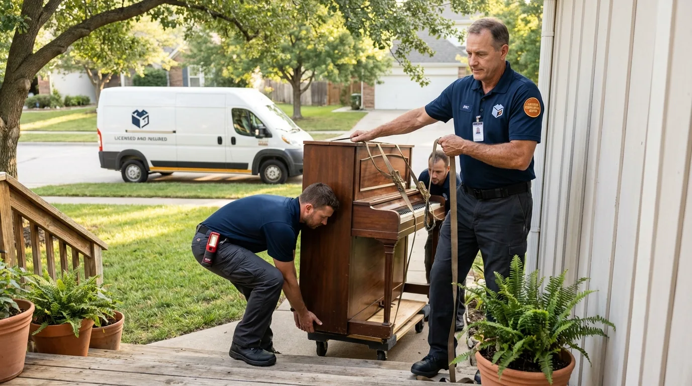 Licensed piano movers securing grand piano in Portland, TX
