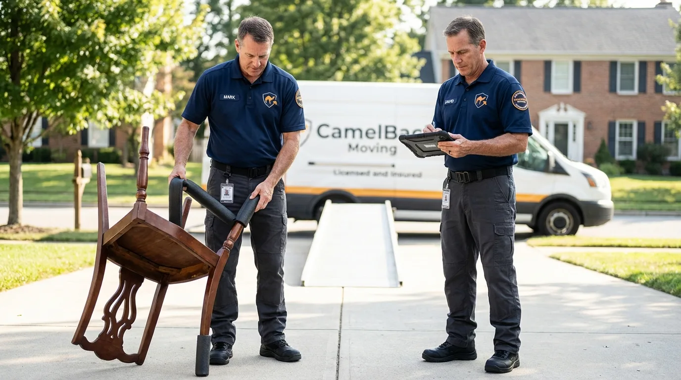 Movers inspecting furniture for damage prevention before loading in Portland, TX