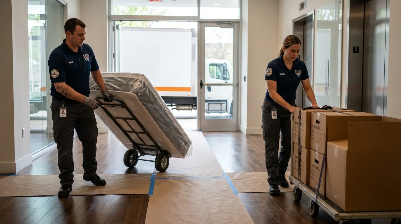 Professional apartment movers loading elevator in Portland, TX