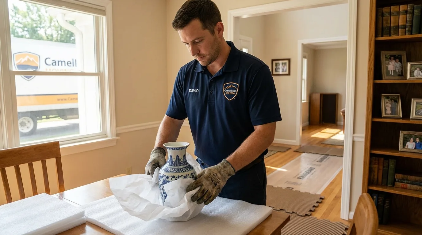 Professional crew carefully wrapping antique vase for senior downsizing move in Portland, TX